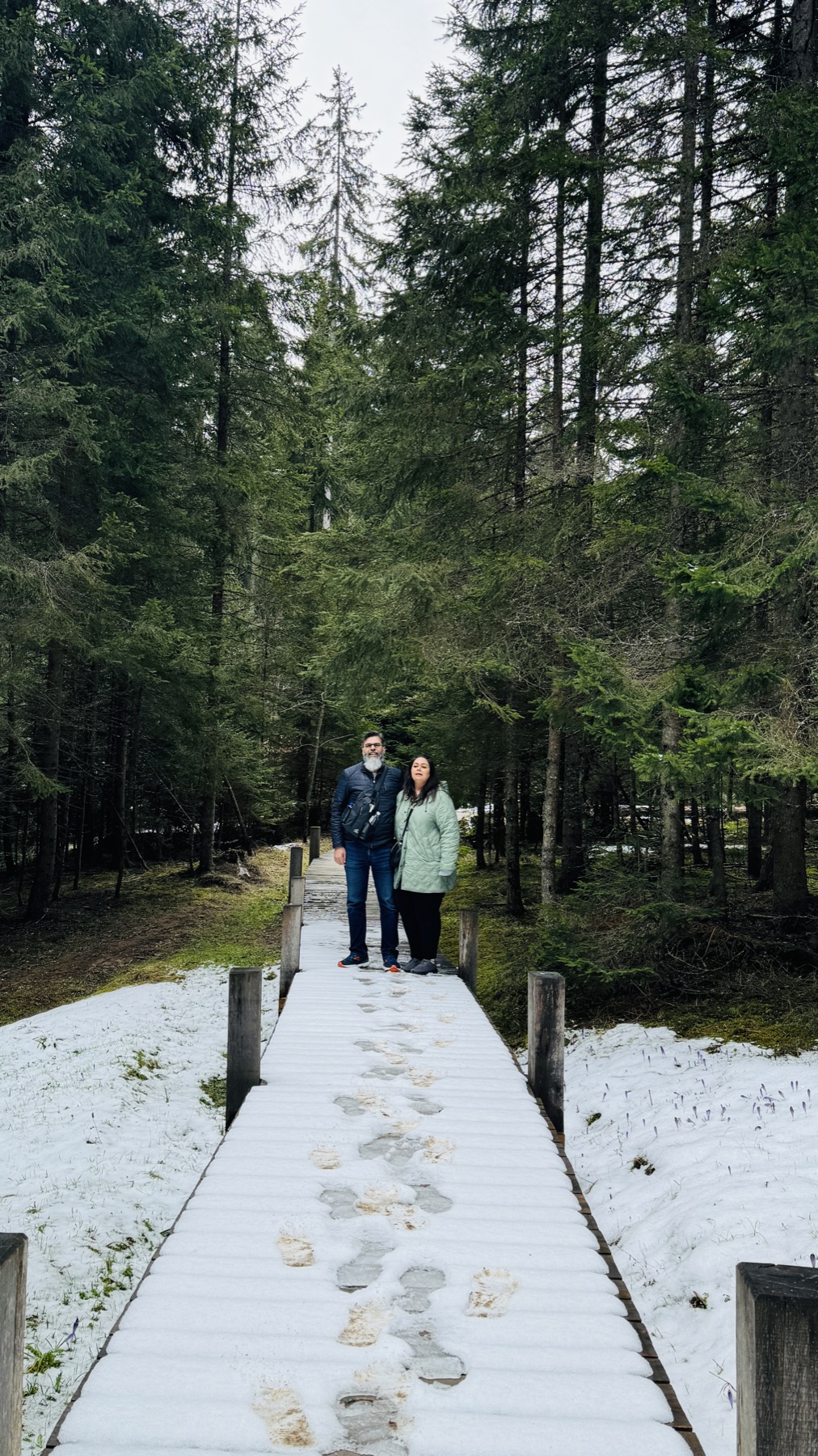 Snowy wooden path through the forest at Bijambare near Sarajevo