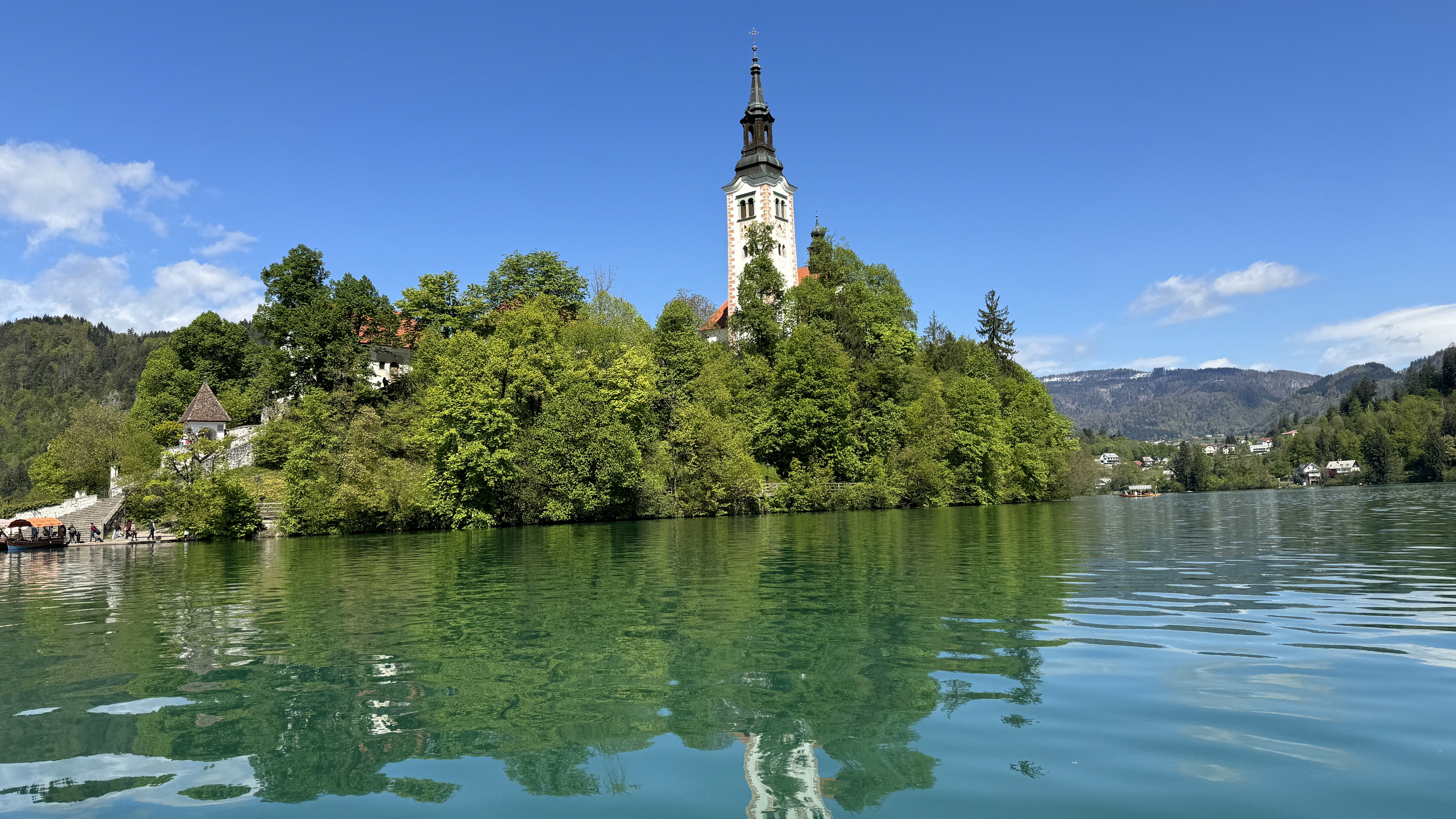 Church of the Assumption on Bled Island seen from the water, Lake Bled, Slovenia