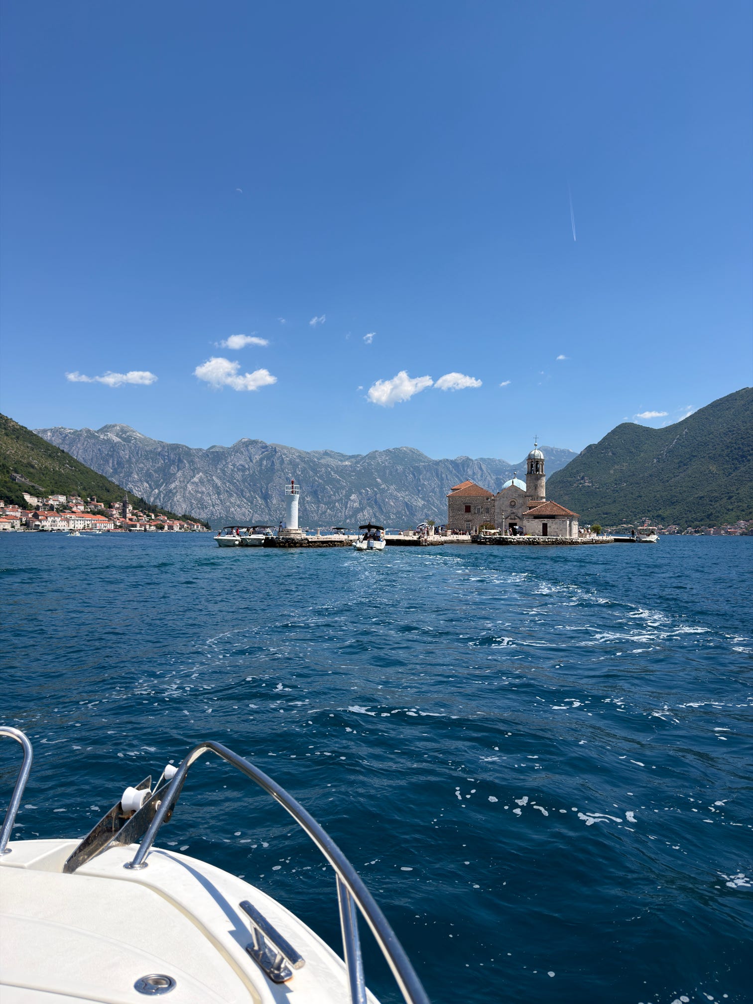 Our Lady of the Rocks islet seen from a boat in the Bay of Kotor, Montenegro