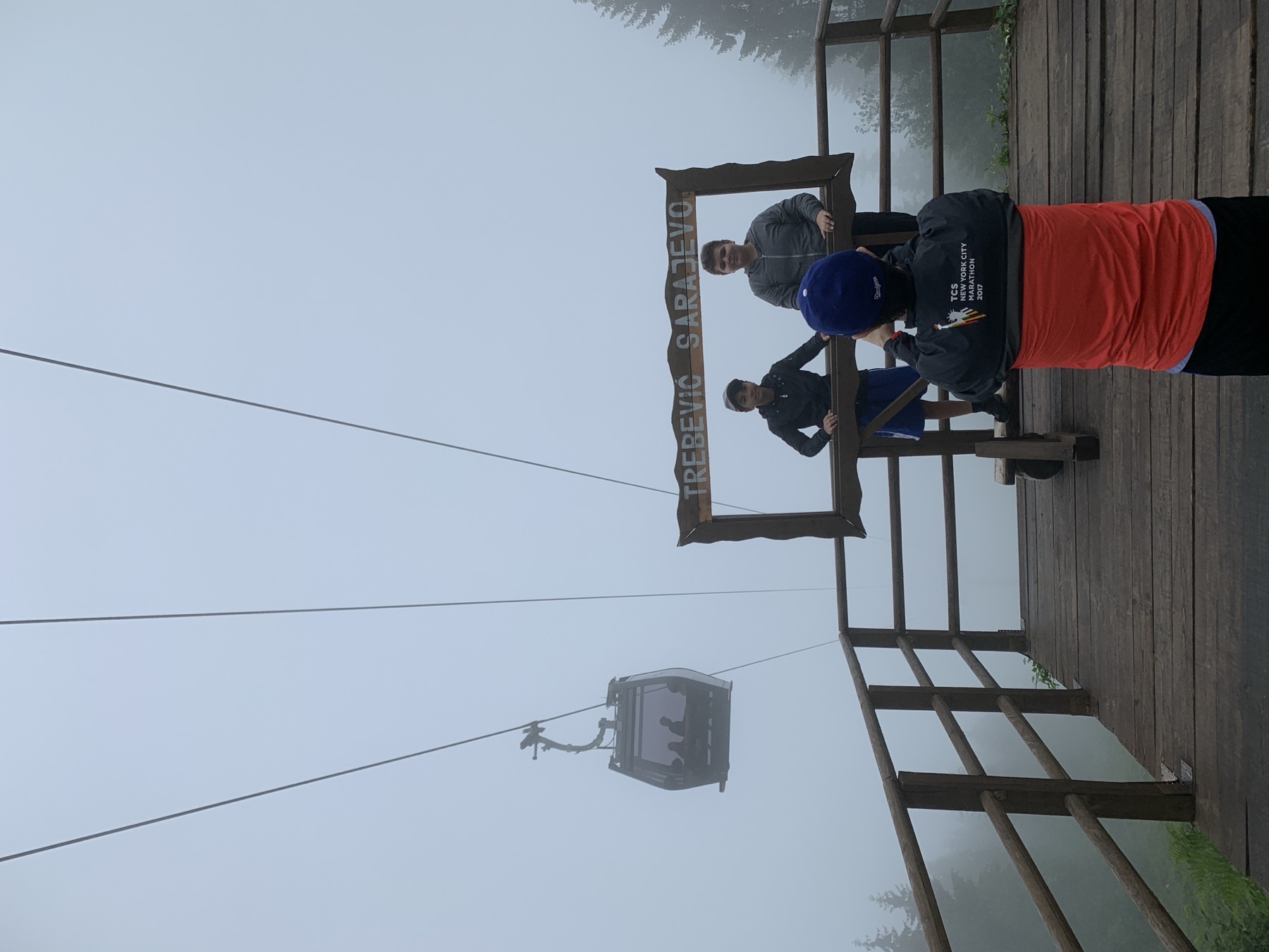 Trebević cable car cabin in fog above the viewing platform